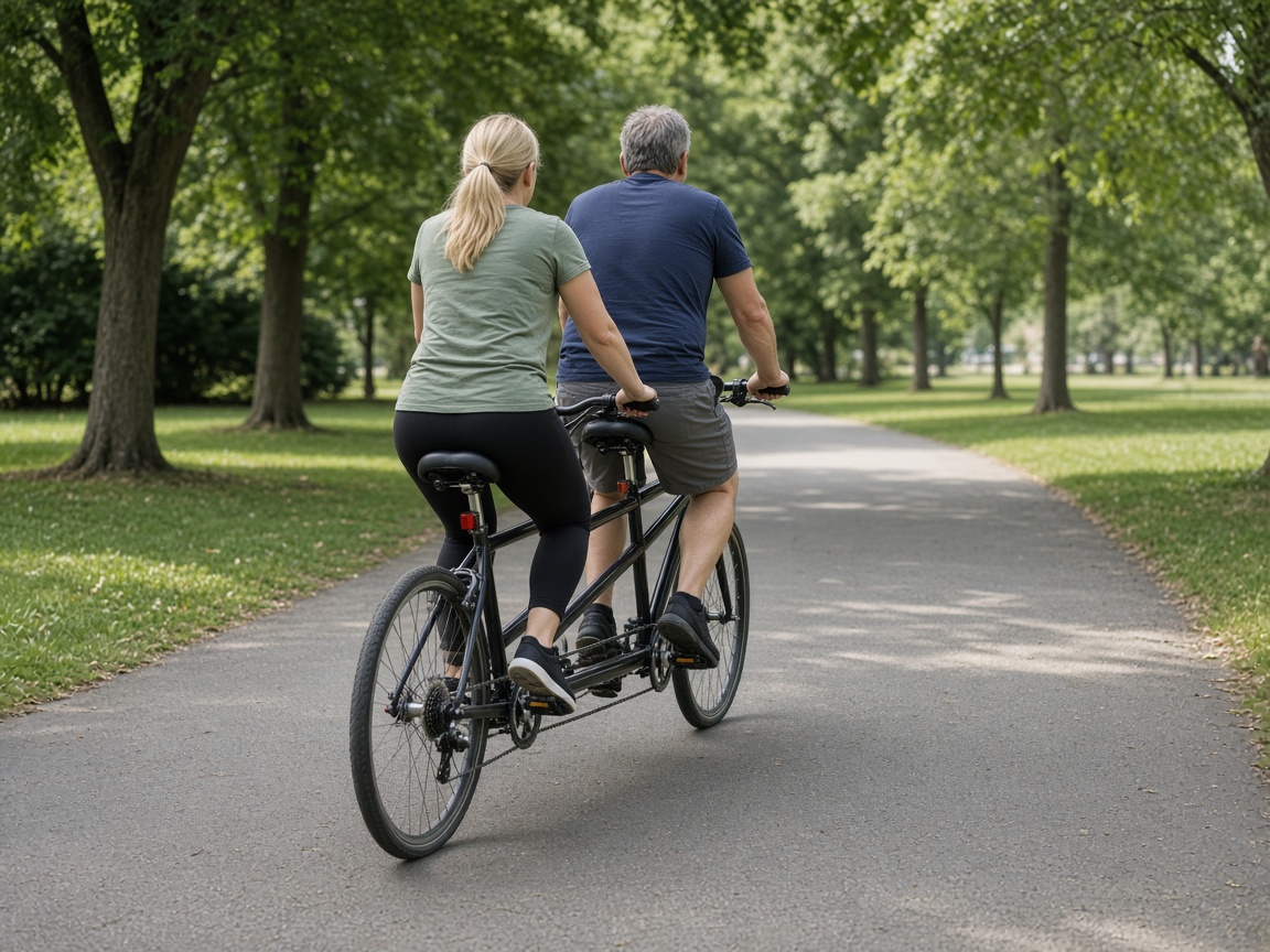 Két felnőtt egyetlen tandem kerékpáron.